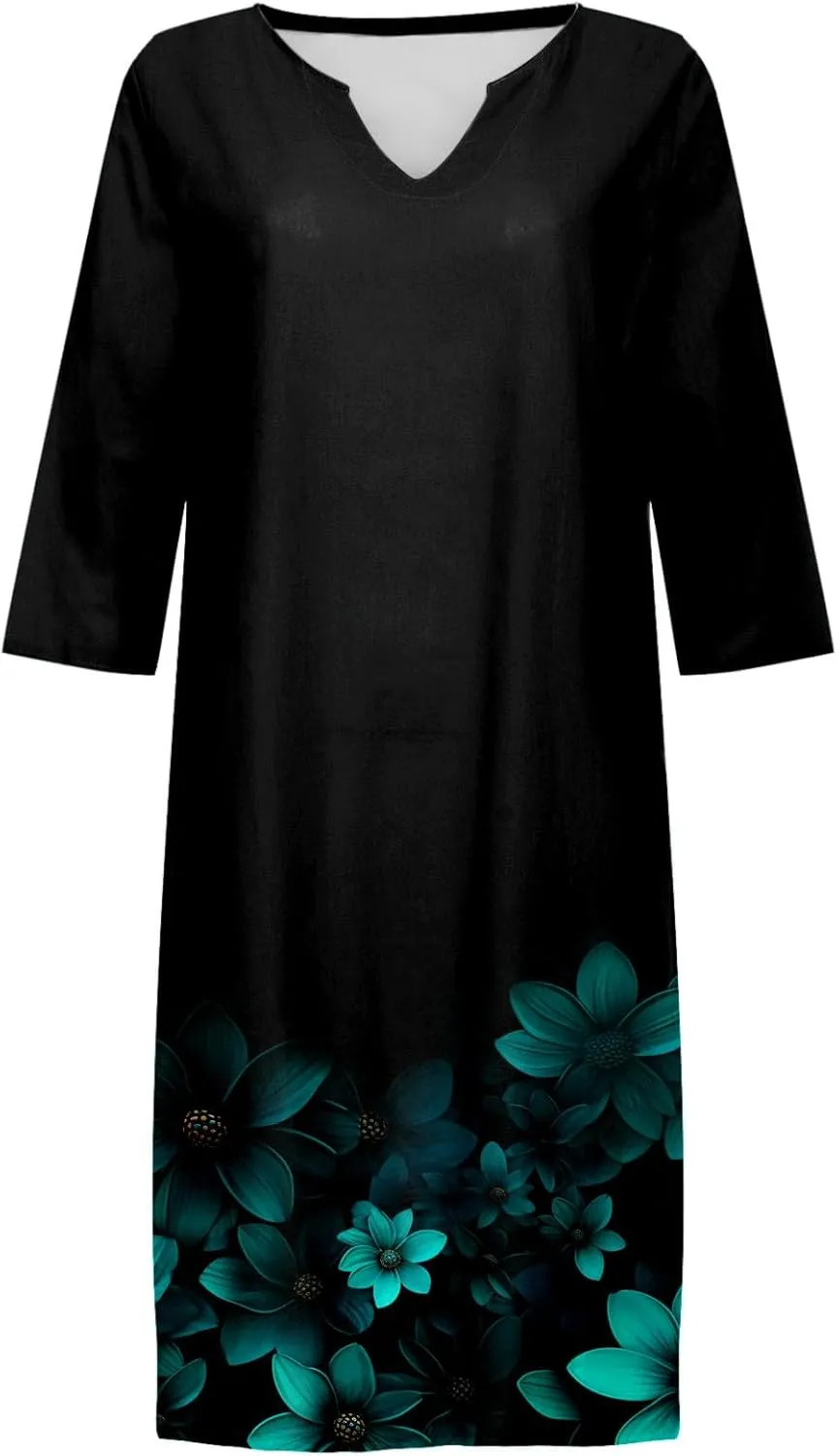 PTOLOCIF Boho Dresses for Women 2025 Cotton Linen Midi Dress Plus Size Short Sleeve Tshirt Dresses Crew Neck Shift Dress