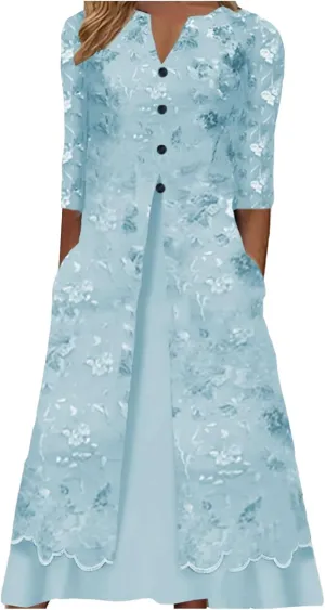PTOLOCIF Elegant Dresses for Women Summer Button V Neck Maxi Dress Short Sleeve Tshirt Dress Wedding Guest Dresses W/Pockets