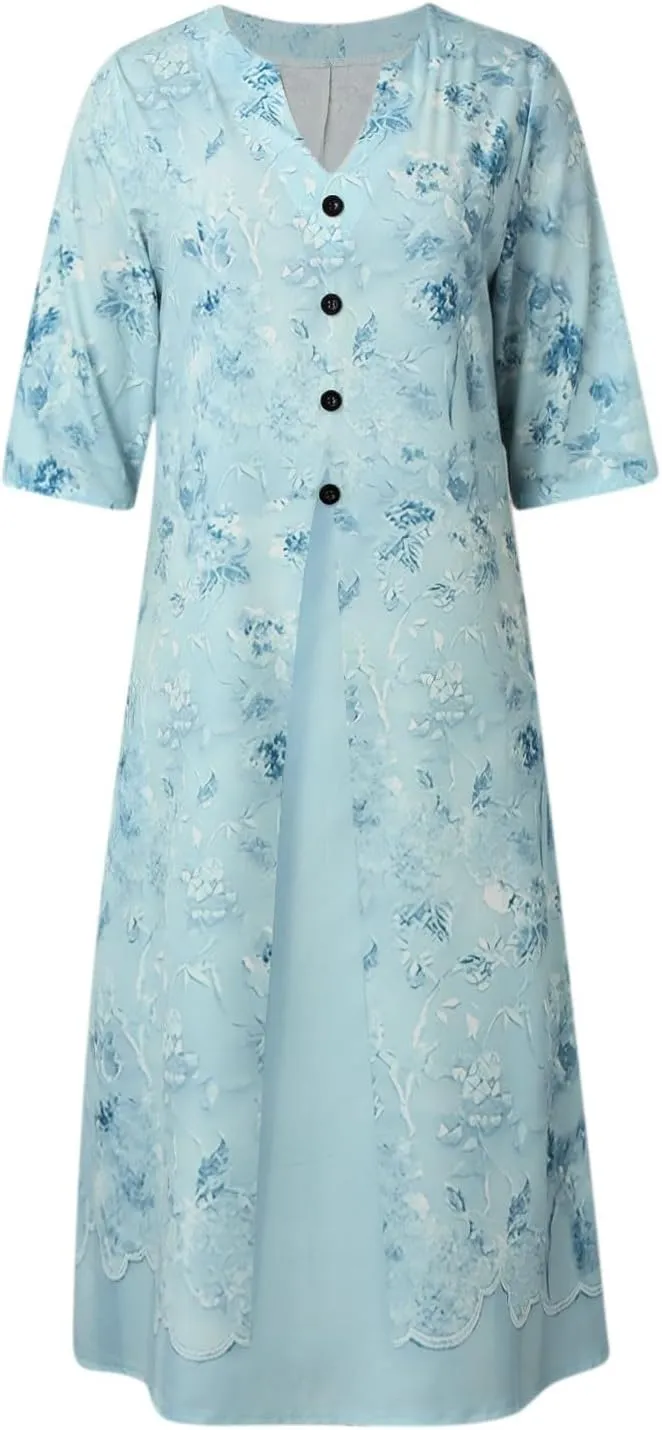 PTOLOCIF Elegant Dresses for Women Summer Button V Neck Maxi Dress Short Sleeve Tshirt Dress Wedding Guest Dresses W/Pockets