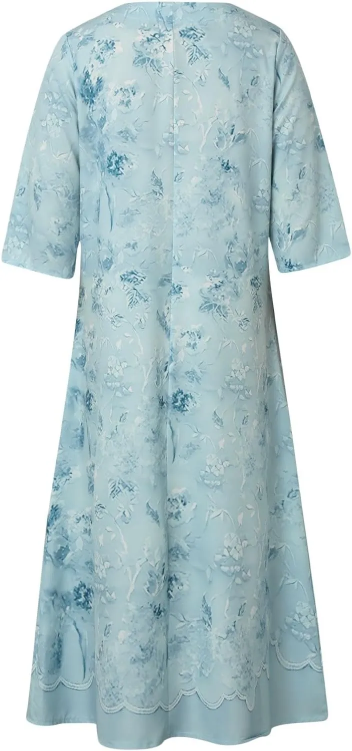 PTOLOCIF Elegant Dresses for Women Summer Button V Neck Maxi Dress Short Sleeve Tshirt Dress Wedding Guest Dresses W/Pockets