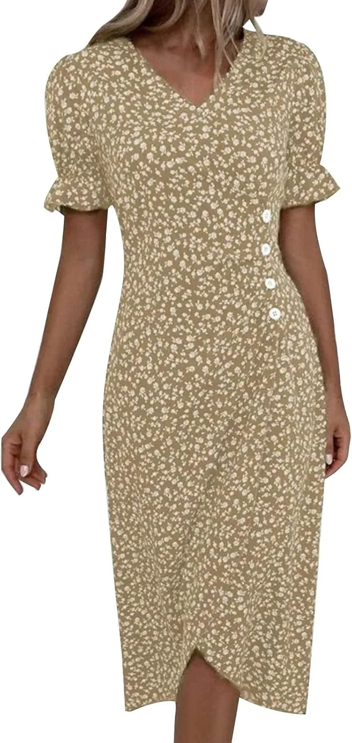 PTOLOCIF Women's Button V Neck Bubble Sleeve Irregular Hem Dress Plus Size T Shirt Dress