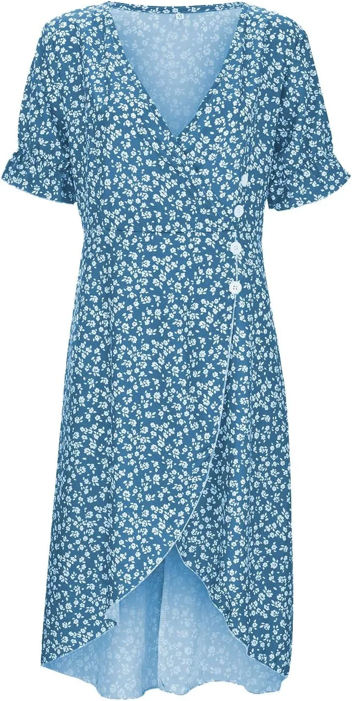PTOLOCIF Women's Button V Neck Bubble Sleeve Irregular Hem Dress Plus Size T Shirt Dress