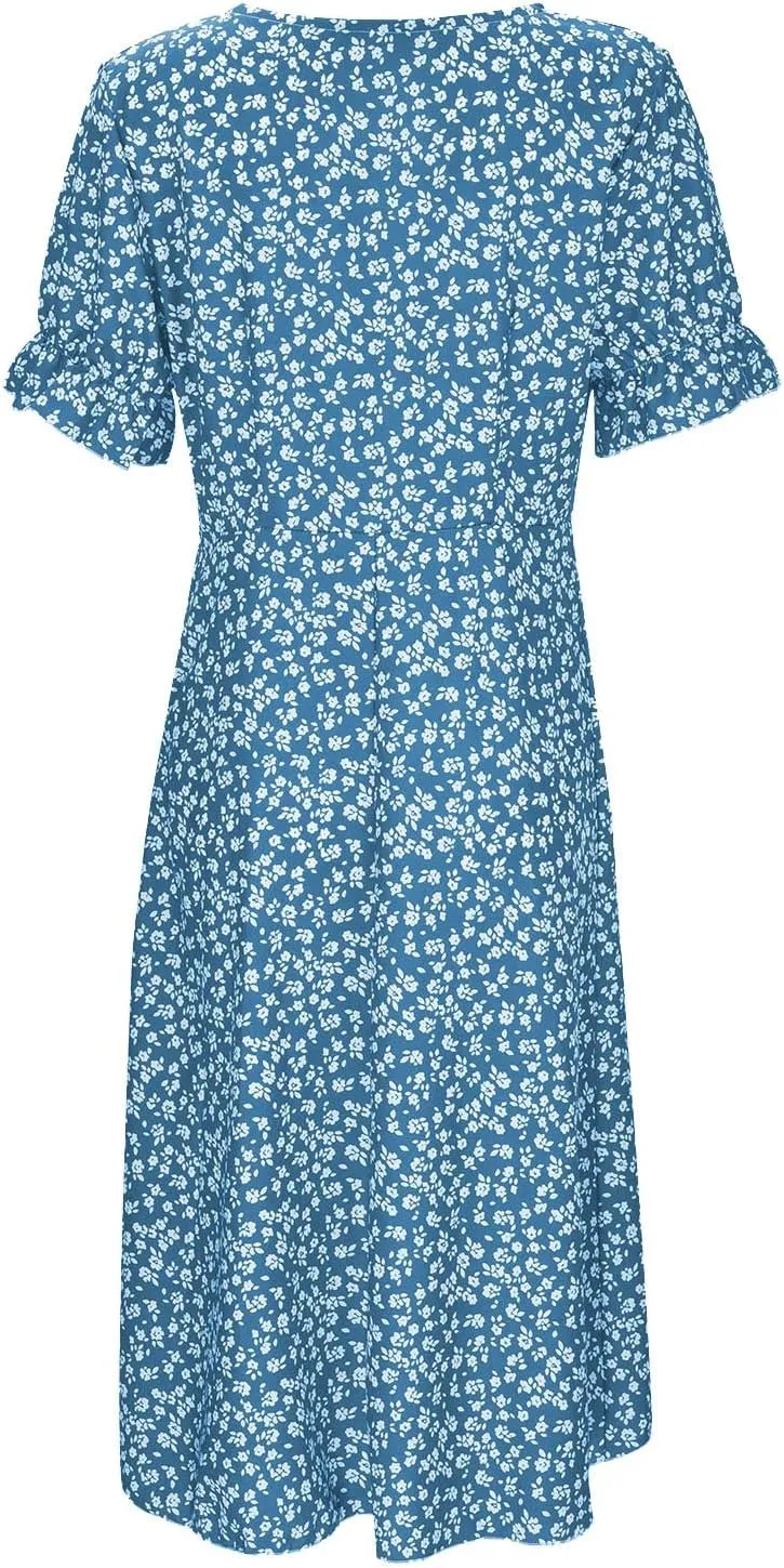 PTOLOCIF Women's Button V Neck Bubble Sleeve Irregular Hem Dress Plus Size T Shirt Dress