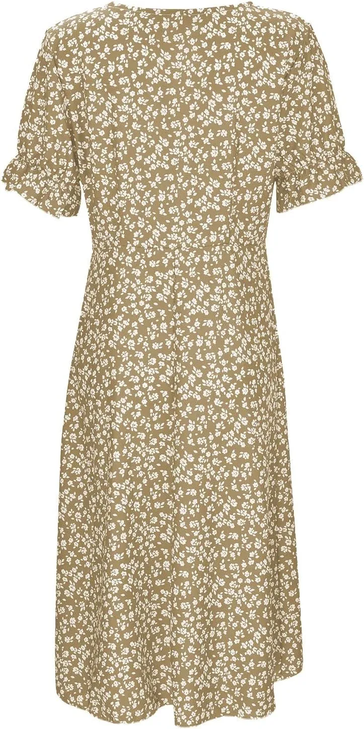 PTOLOCIF Women's Button V Neck Bubble Sleeve Irregular Hem Dress Plus Size T Shirt Dress