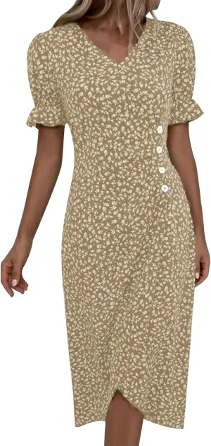 PTOLOCIF Women's Button V Neck Bubble Sleeve Irregular Hem Dress Plus Size T Shirt Dress