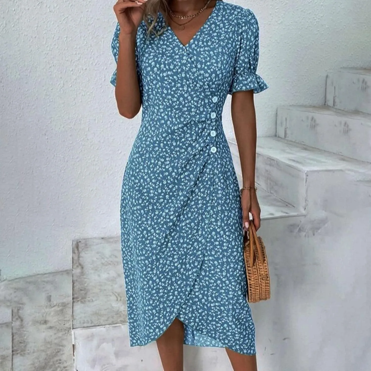 PTOLOCIF Women's Button V Neck Bubble Sleeve Irregular Hem Dress Plus Size T Shirt Dress