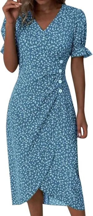 PTOLOCIF Women's Button V Neck Bubble Sleeve Irregular Hem Dress Plus Size T Shirt Dress