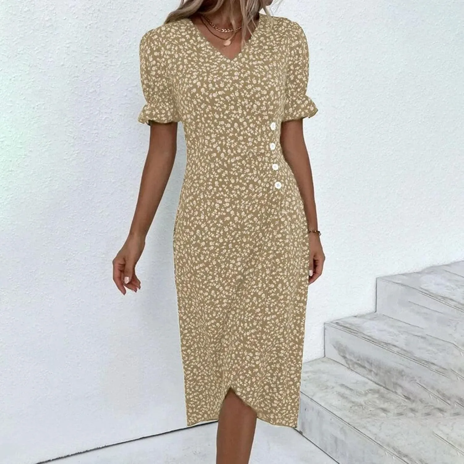 PTOLOCIF Women's Button V Neck Bubble Sleeve Irregular Hem Dress Plus Size T Shirt Dress