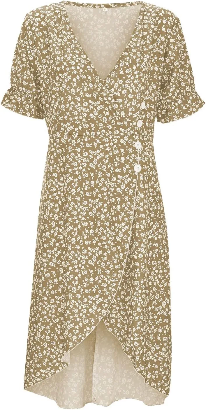 PTOLOCIF Women's Button V Neck Bubble Sleeve Irregular Hem Dress Plus Size T Shirt Dress