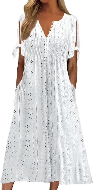 PTOLOCIF Women's Summer Boho V Neck Midi Dress Casual Short Sleeve Party Dresses Ruffle Hem a Line Beach Long Dresses