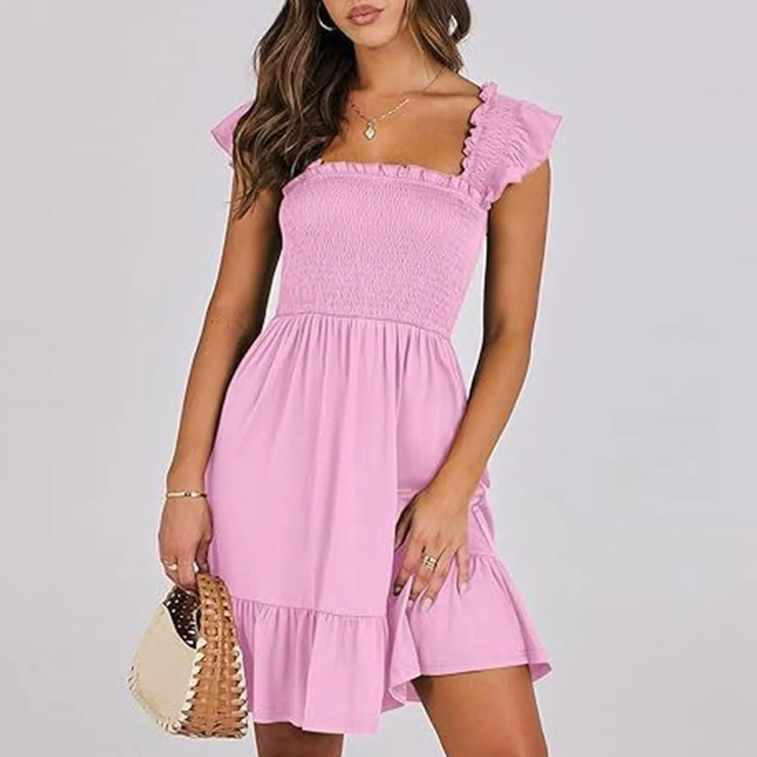PTOLOCIF Womens Summer Casual Sleeveless Square Neck Smocked Ruffle Backless Boho Short Mini Casual Fall Work Dresses for