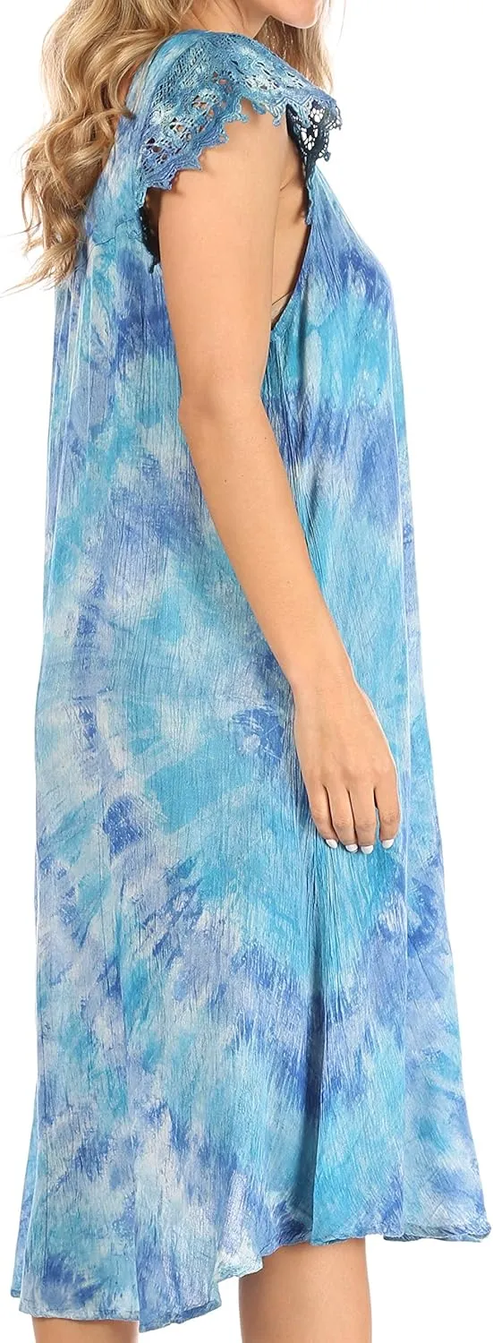 Sakkas Trila Women's Casual Summer Lace Boho Short Sleeve Midi Loose Dress Flowy