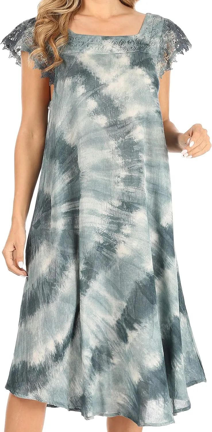 Sakkas Trila Women's Casual Summer Lace Boho Short Sleeve Midi Loose Dress Flowy