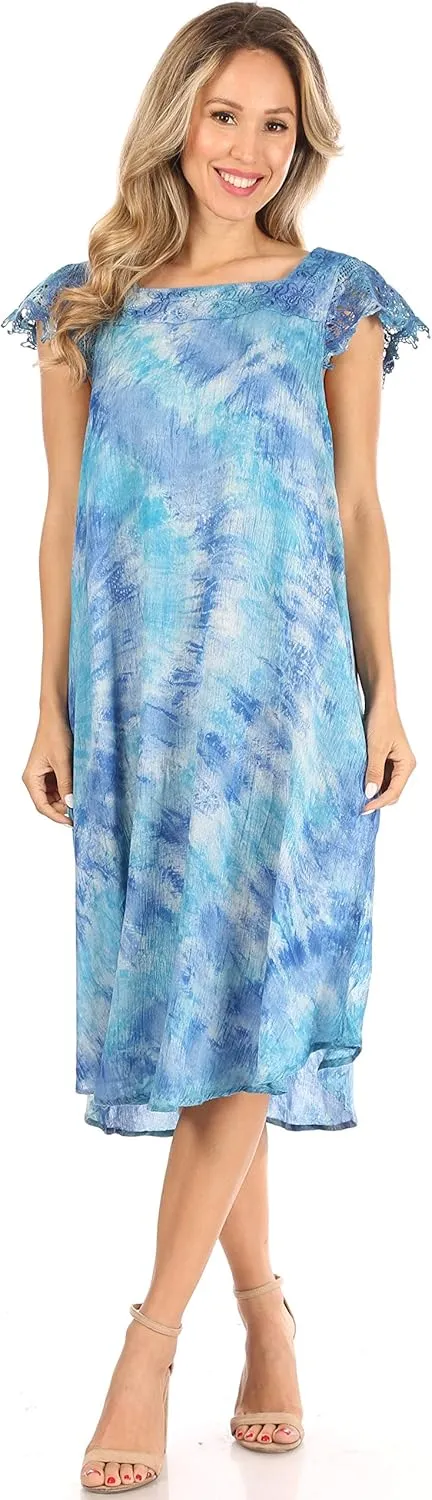 Sakkas Trila Women's Casual Summer Lace Boho Short Sleeve Midi Loose Dress Flowy