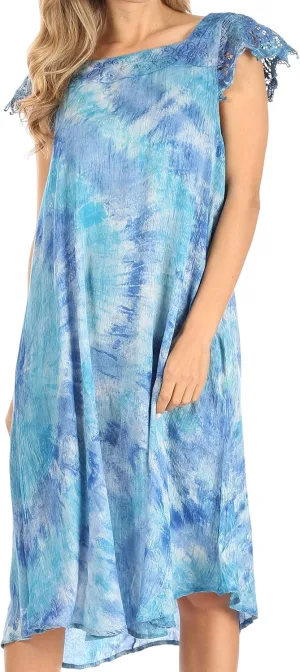 Sakkas Trila Women's Casual Summer Lace Boho Short Sleeve Midi Loose Dress Flowy