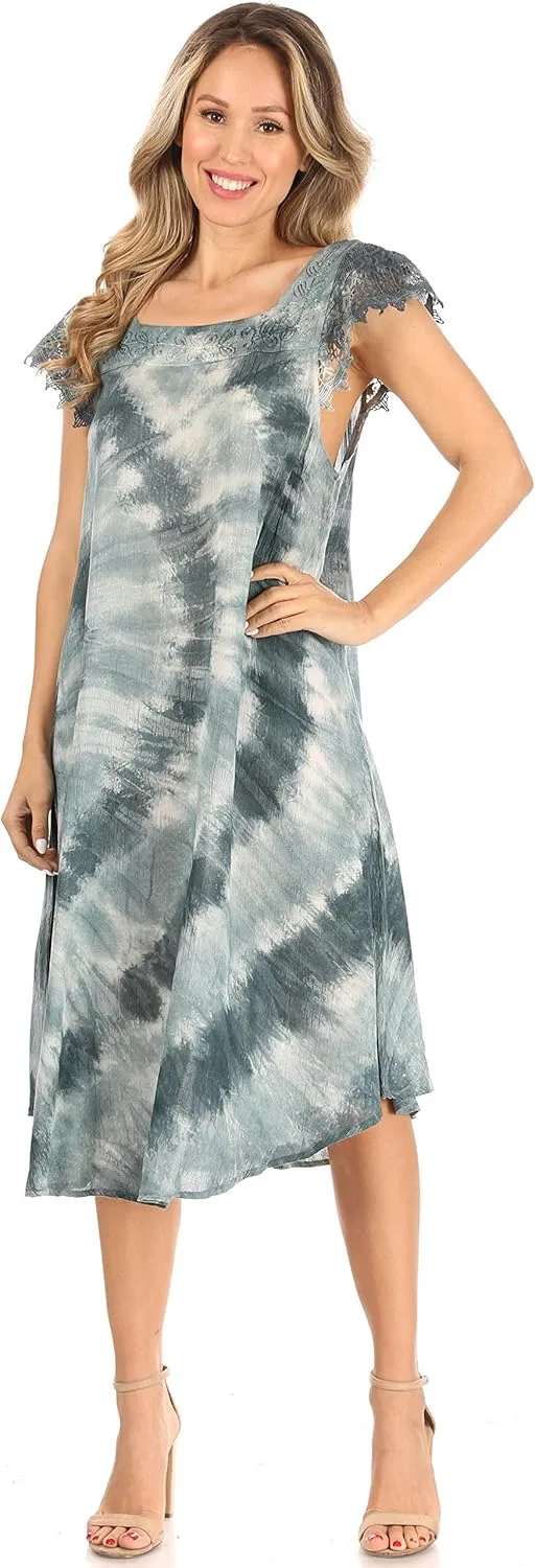 Sakkas Trila Women's Casual Summer Lace Boho Short Sleeve Midi Loose Dress Flowy