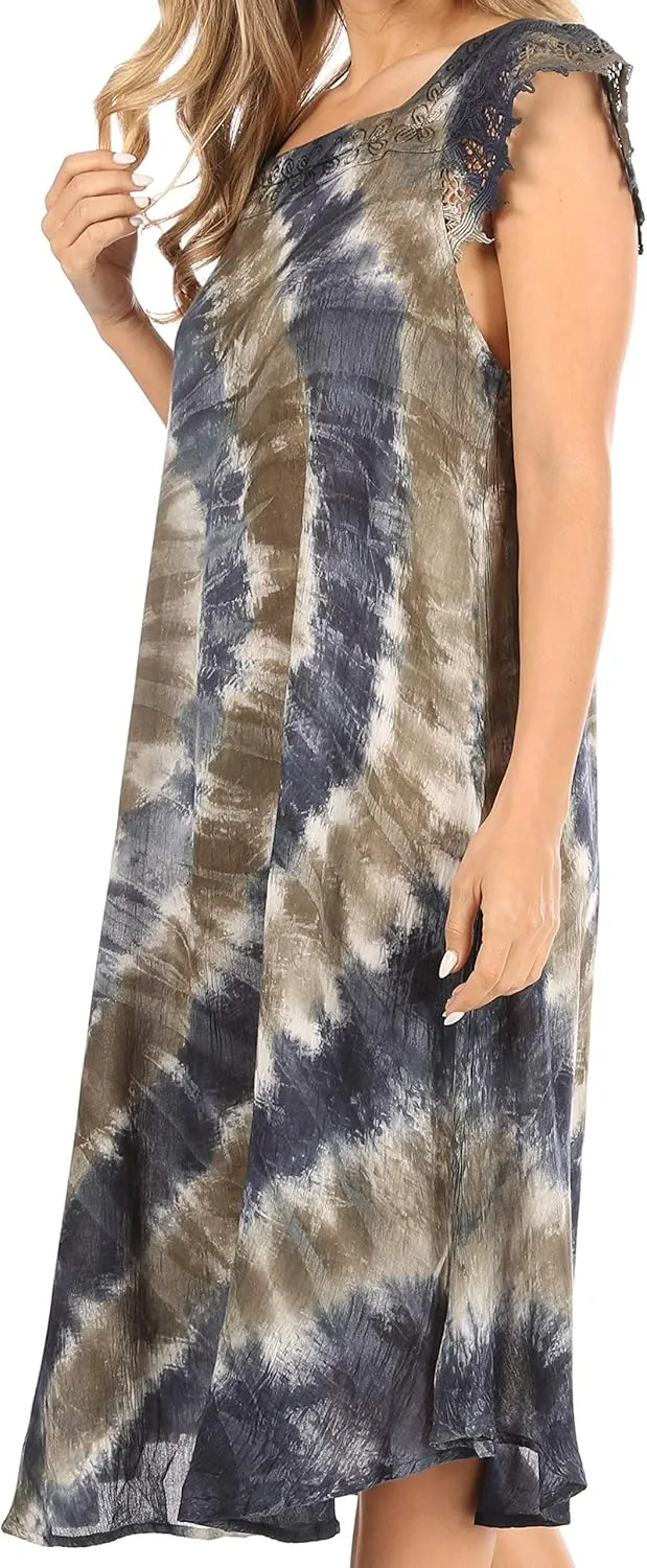 Sakkas Trila Women's Casual Summer Lace Boho Short Sleeve Midi Loose Dress Flowy