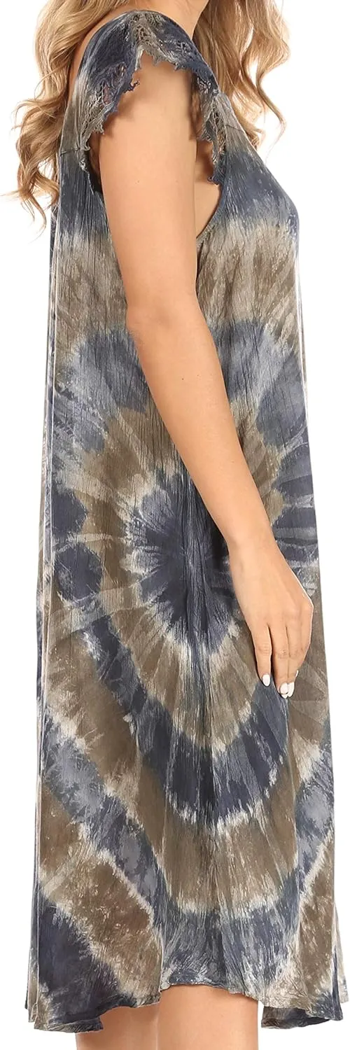 Sakkas Trila Women's Casual Summer Lace Boho Short Sleeve Midi Loose Dress Flowy