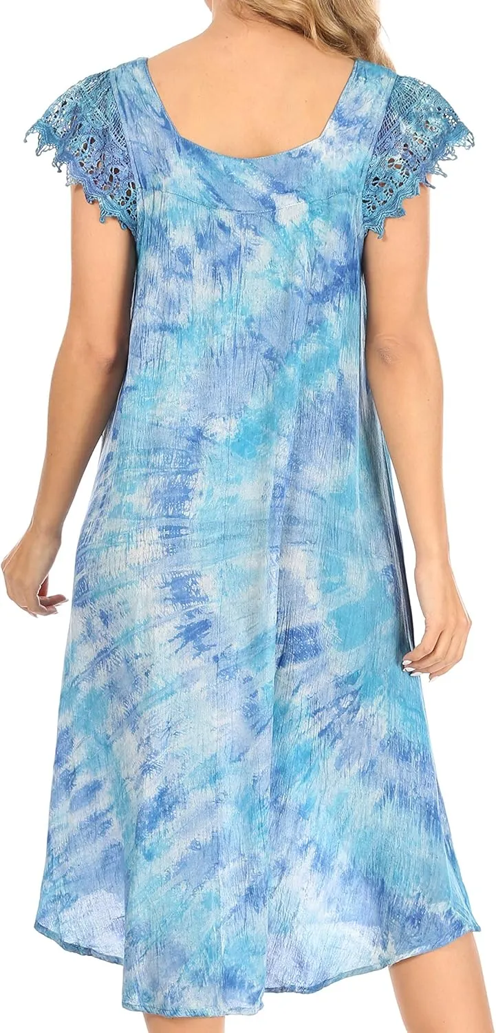 Sakkas Trila Women's Casual Summer Lace Boho Short Sleeve Midi Loose Dress Flowy