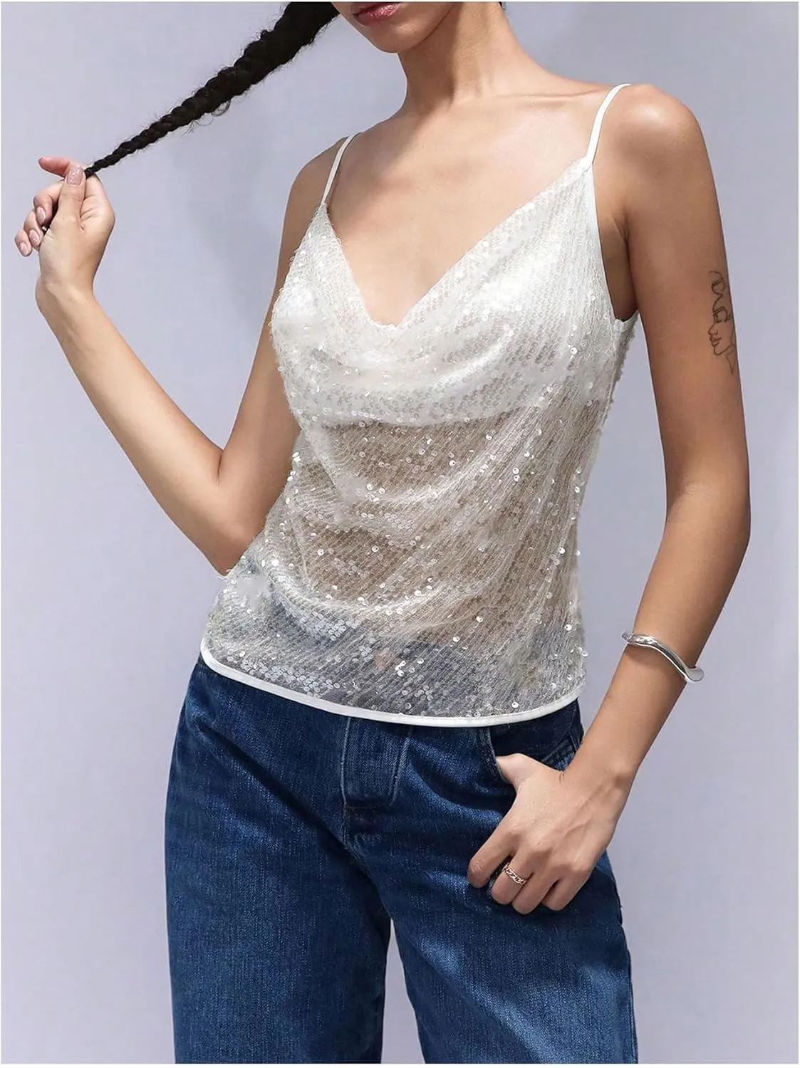 SHENHE Women's Sexy Sparkle Shimmer Cami Tank Tops Disco Sequin Camisole