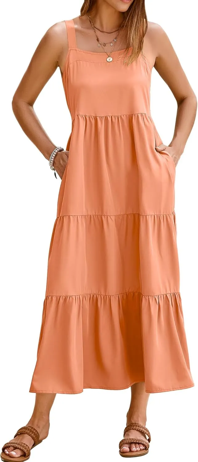 SimpleFun Womens Summer Dresses Sleeveless Adjustable Straps Tiered Maxi Dress with Pockets Casual Beach Long Sundresses
