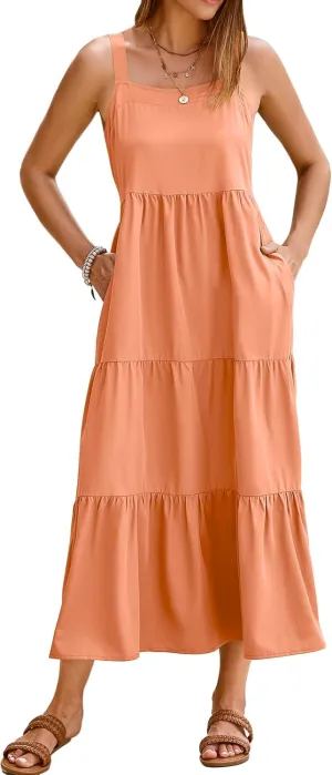 SimpleFun Womens Summer Dresses Sleeveless Adjustable Straps Tiered Maxi Dress with Pockets Casual Beach Long Sundresses