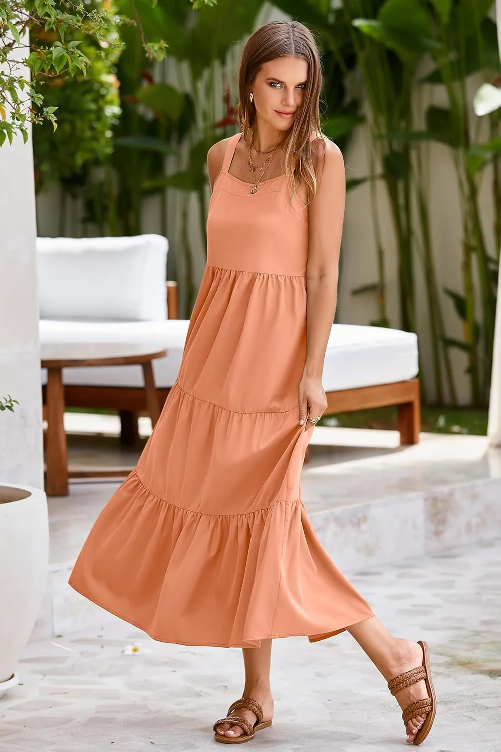 SimpleFun Womens Summer Dresses Sleeveless Adjustable Straps Tiered Maxi Dress with Pockets Casual Beach Long Sundresses