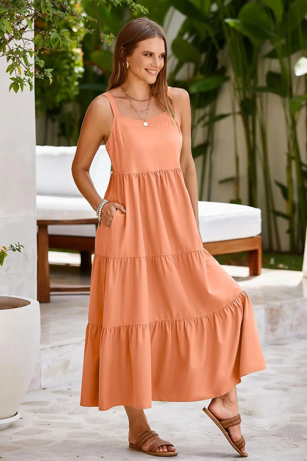 SimpleFun Womens Summer Dresses Sleeveless Adjustable Straps Tiered Maxi Dress with Pockets Casual Beach Long Sundresses
