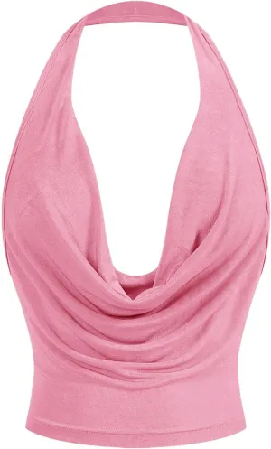 SOLY HUX Women's Cowl Neck Halter Neck Going Out Tops Open Back Sleeveless Y2k Crop Tank Top