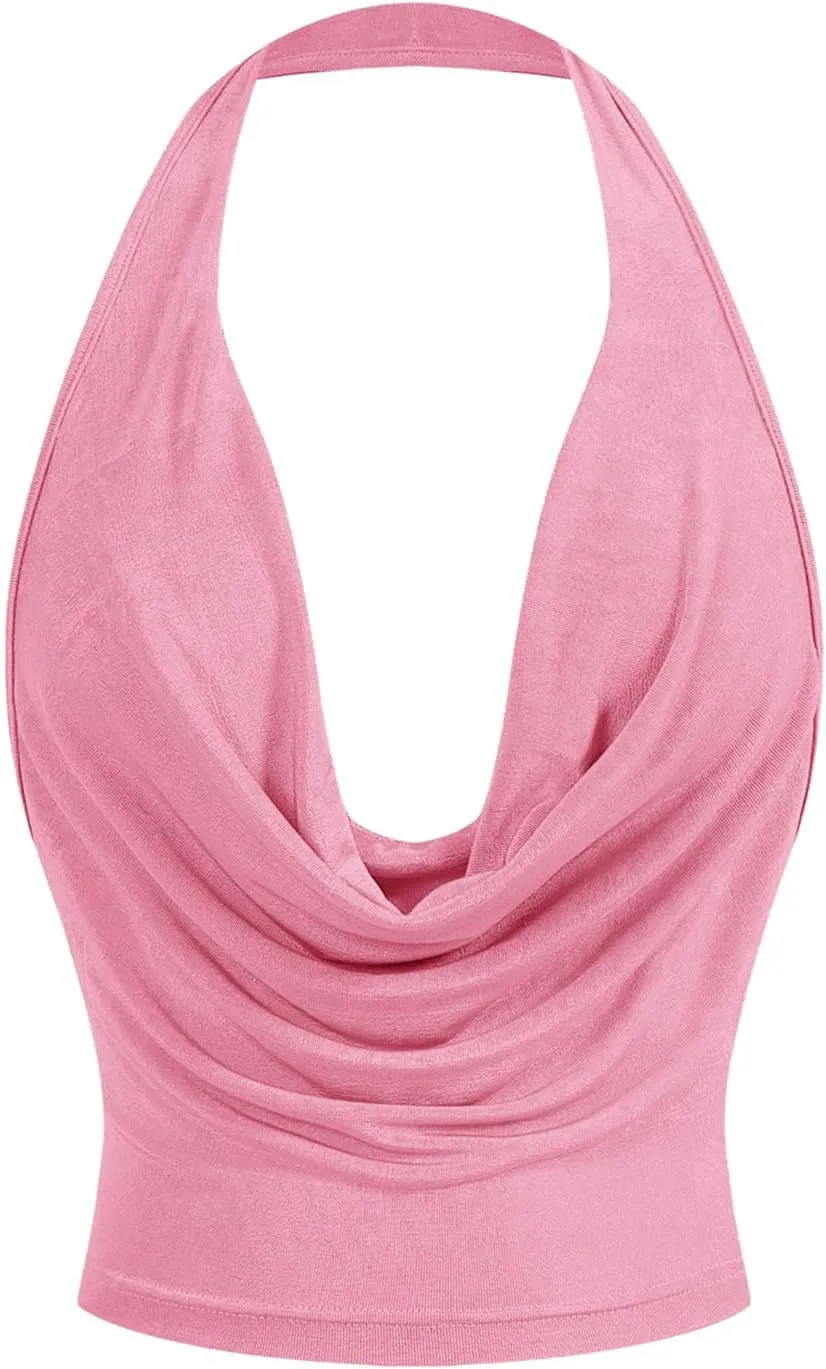 SOLY HUX Women's Cowl Neck Halter Neck Going Out Tops Open Back Sleeveless Y2k Crop Tank Top