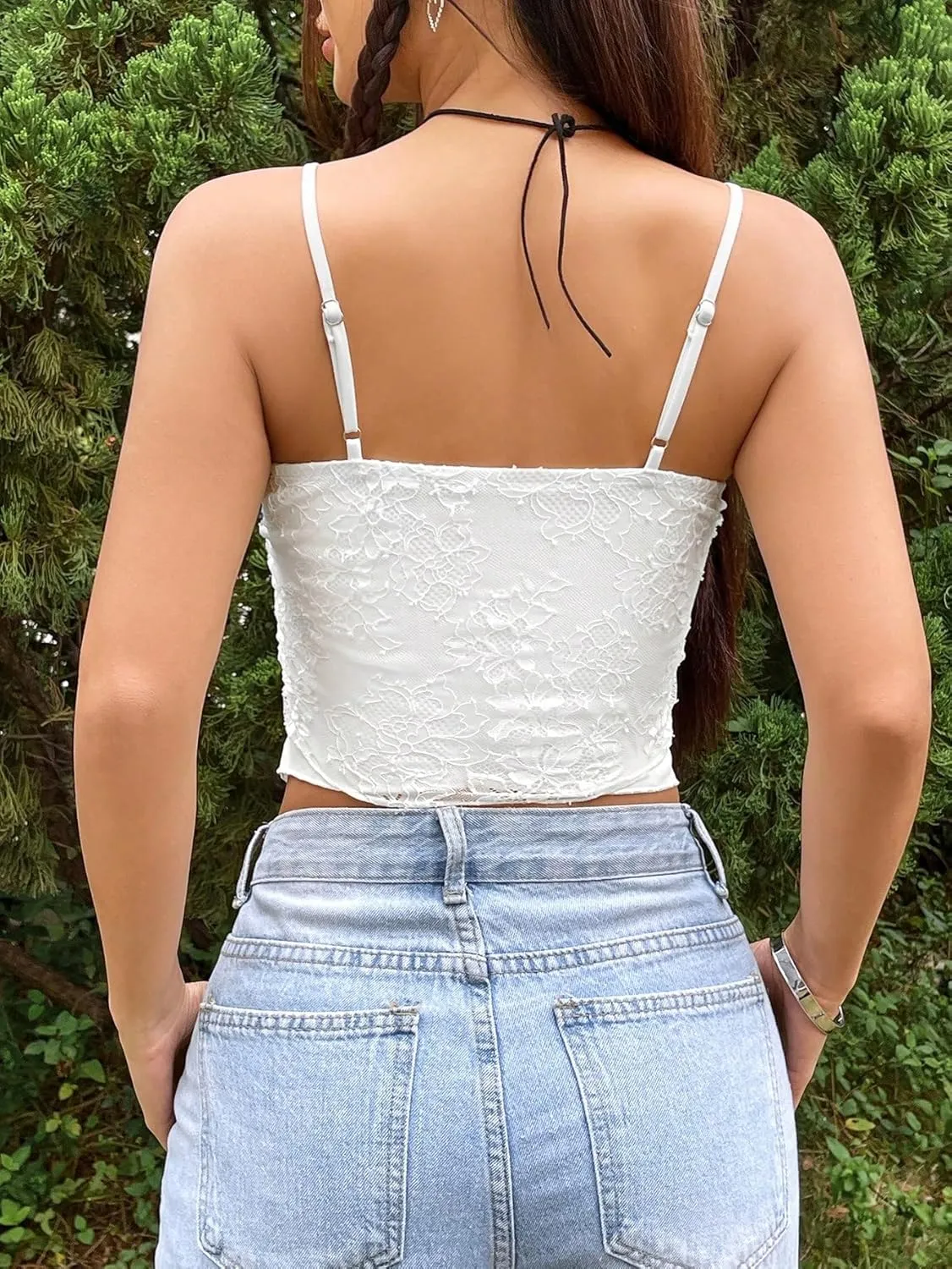 SOLY HUX Women's Lace Twist Front Split Cami Crop Tops Spaghetti Strap Asymmetrical Hem Top