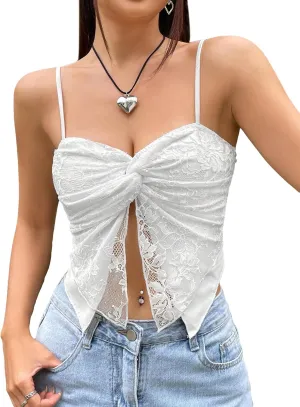 SOLY HUX Women's Lace Twist Front Split Cami Crop Tops Spaghetti Strap Asymmetrical Hem Top