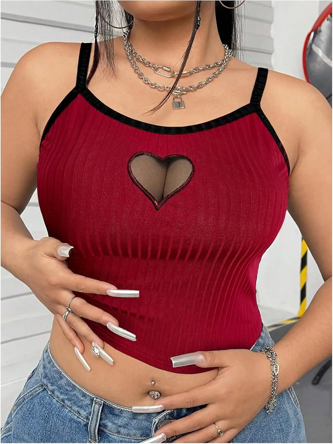 SOLY HUX Women's Plus Size Goth Cami Crop Tops Contrast Mesh Spaghetti Strap Summer Top