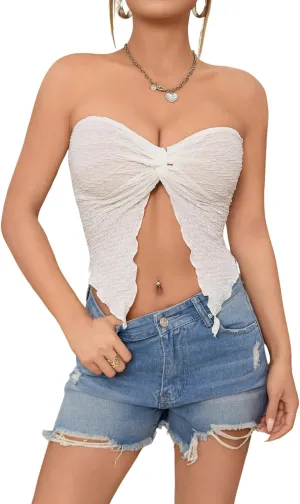 SOLY HUX Women's Sexy Twist Split Hem Strapless Sleeveless Asymmetrical Tube Crop Tops