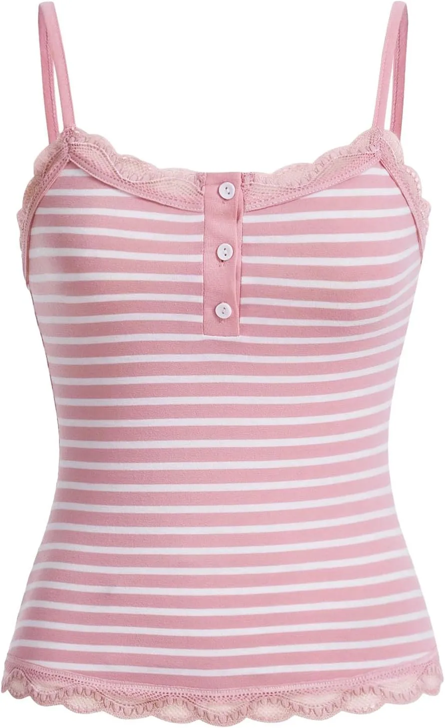 SOLY HUX Women's Striped Lace Trim Cami Crop Top Button Front Spaghetti Strap Y2k Tops
