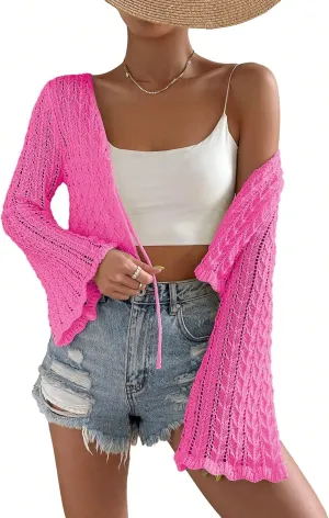 SOLY HUX Women's Tie Front Tops Bell Long Sleeve Knit Crochet Cardigan Crop Top