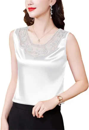 Spring Summer Casual Lace Vest Shirt Round Neck Patchwork Embroidered Satin Women Camisole Tank Top