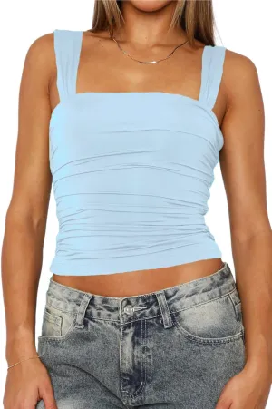 Square Neck Tank Top Woman - Double Lined Going Out Tops Summer Ruched Backless Crop Strappy Cute