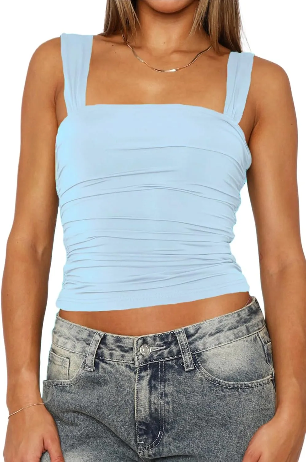 Square Neck Tank Top Woman - Double Lined Going Out Tops Summer Ruched Backless Crop Strappy Cute
