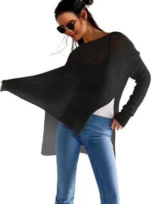 SuperPrity Womens Tops Long Sleeve Crochet Knit Top 2024 Hollow Out Side Split Swimsuit Cover Up Beach Vacation Outfit