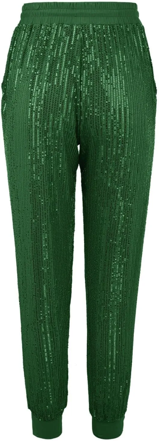 Sweatpants for Women Women's Glitter Sequin Trousers High Waist Stretchy Club Shiny Night Out Party Club Trousers