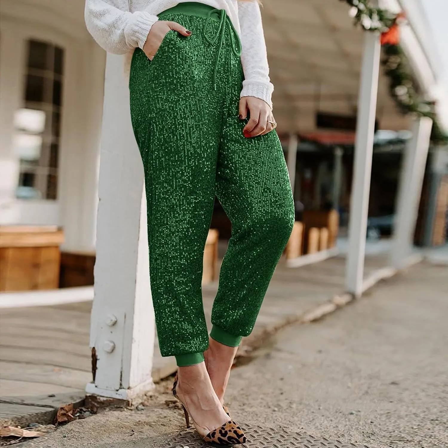 Sweatpants for Women Women's Glitter Sequin Trousers High Waist Stretchy Club Shiny Night Out Party Club Trousers