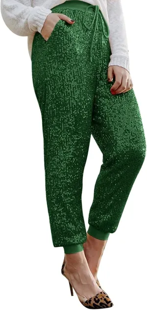 Sweatpants for Women Women's Glitter Sequin Trousers High Waist Stretchy Club Shiny Night Out Party Club Trousers