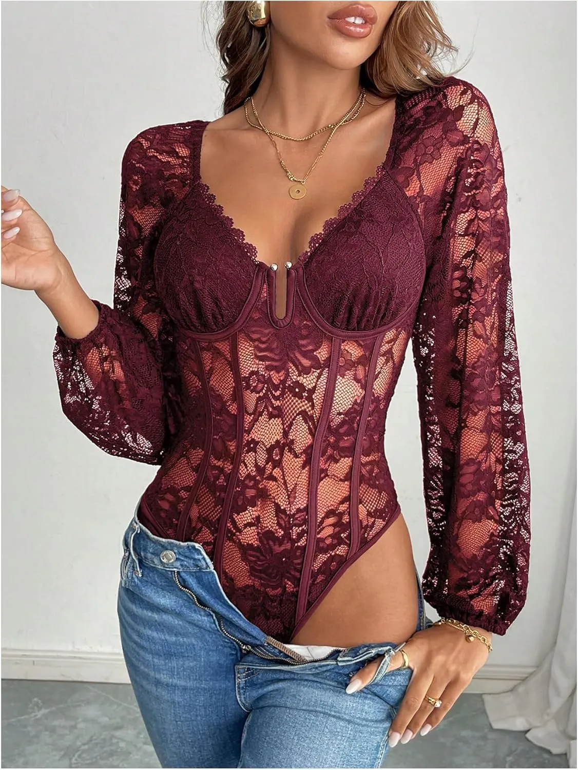 SweatyRocks Women's Lace Long Sleeve Corset Bodysuit Tops Sheer Mesh V neck Jumpsuit