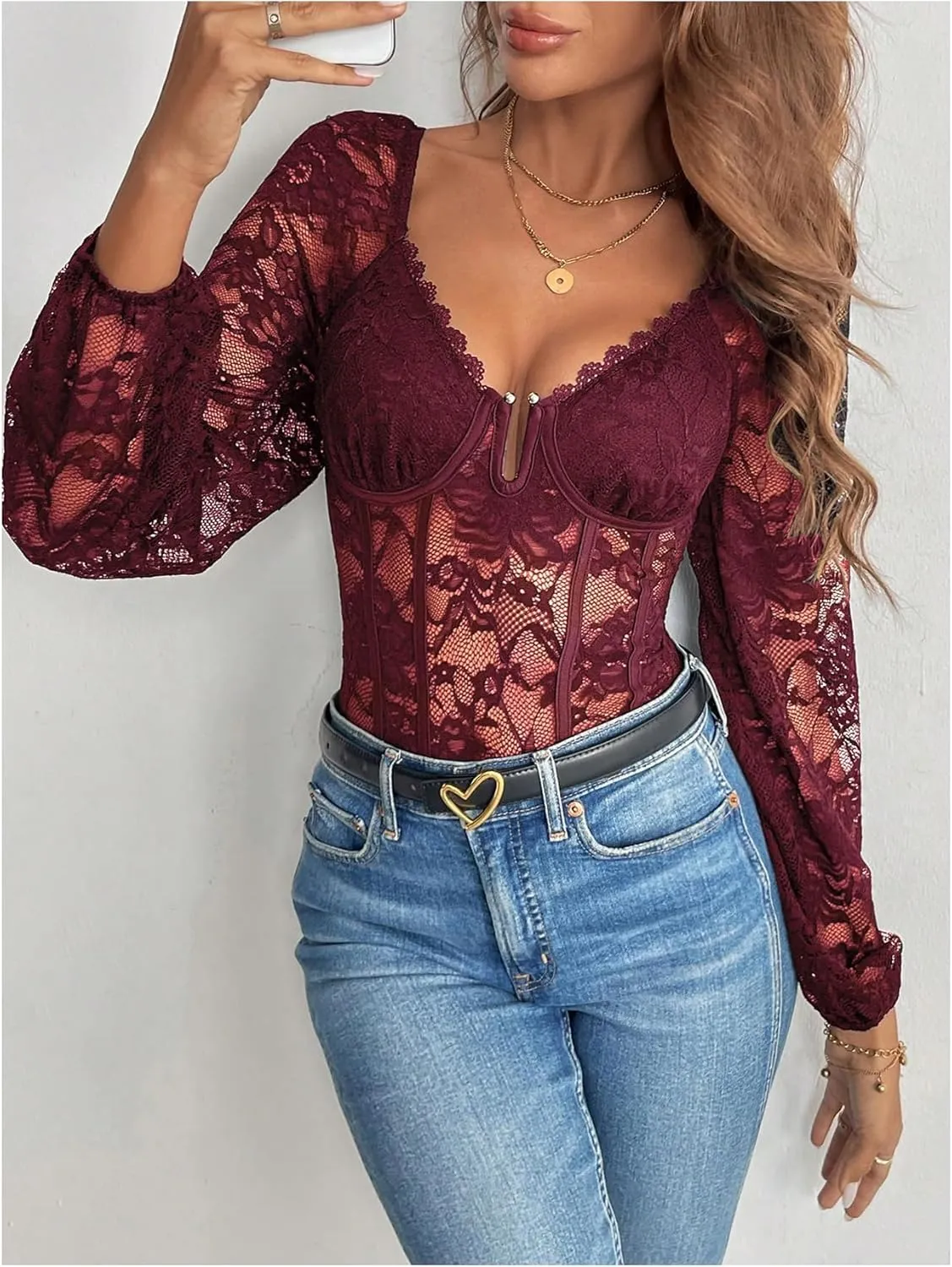 SweatyRocks Women's Lace Long Sleeve Corset Bodysuit Tops Sheer Mesh V neck Jumpsuit