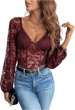 SweatyRocks Women's Lace Long Sleeve Corset Bodysuit Tops Sheer Mesh V neck Jumpsuit