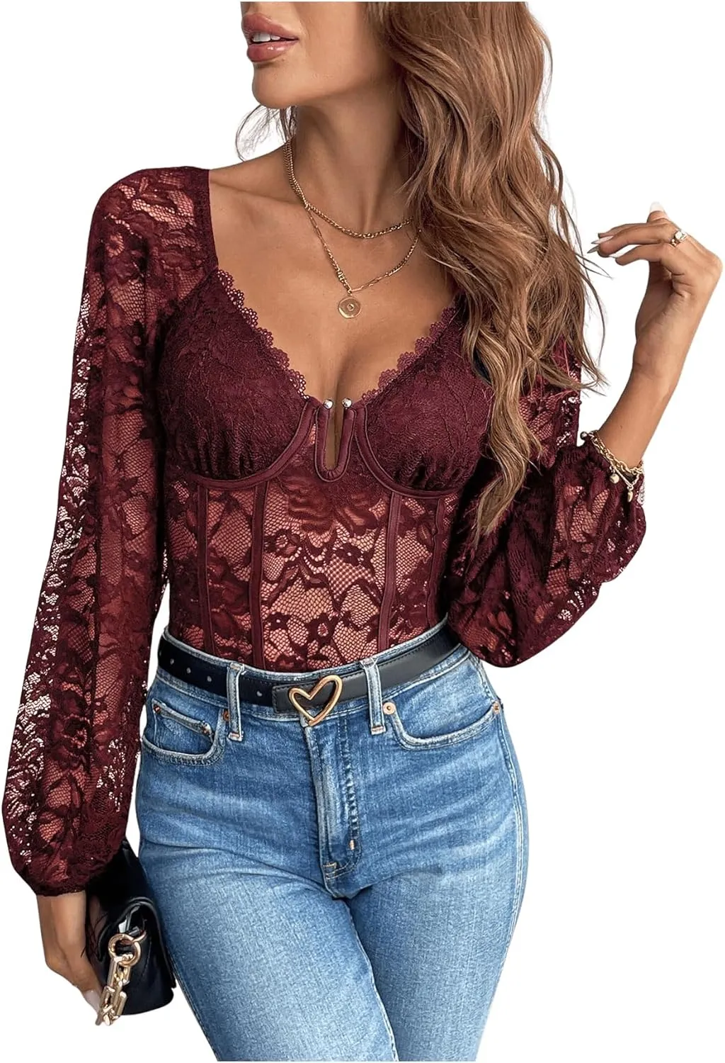 SweatyRocks Women's Lace Long Sleeve Corset Bodysuit Tops Sheer Mesh V neck Jumpsuit