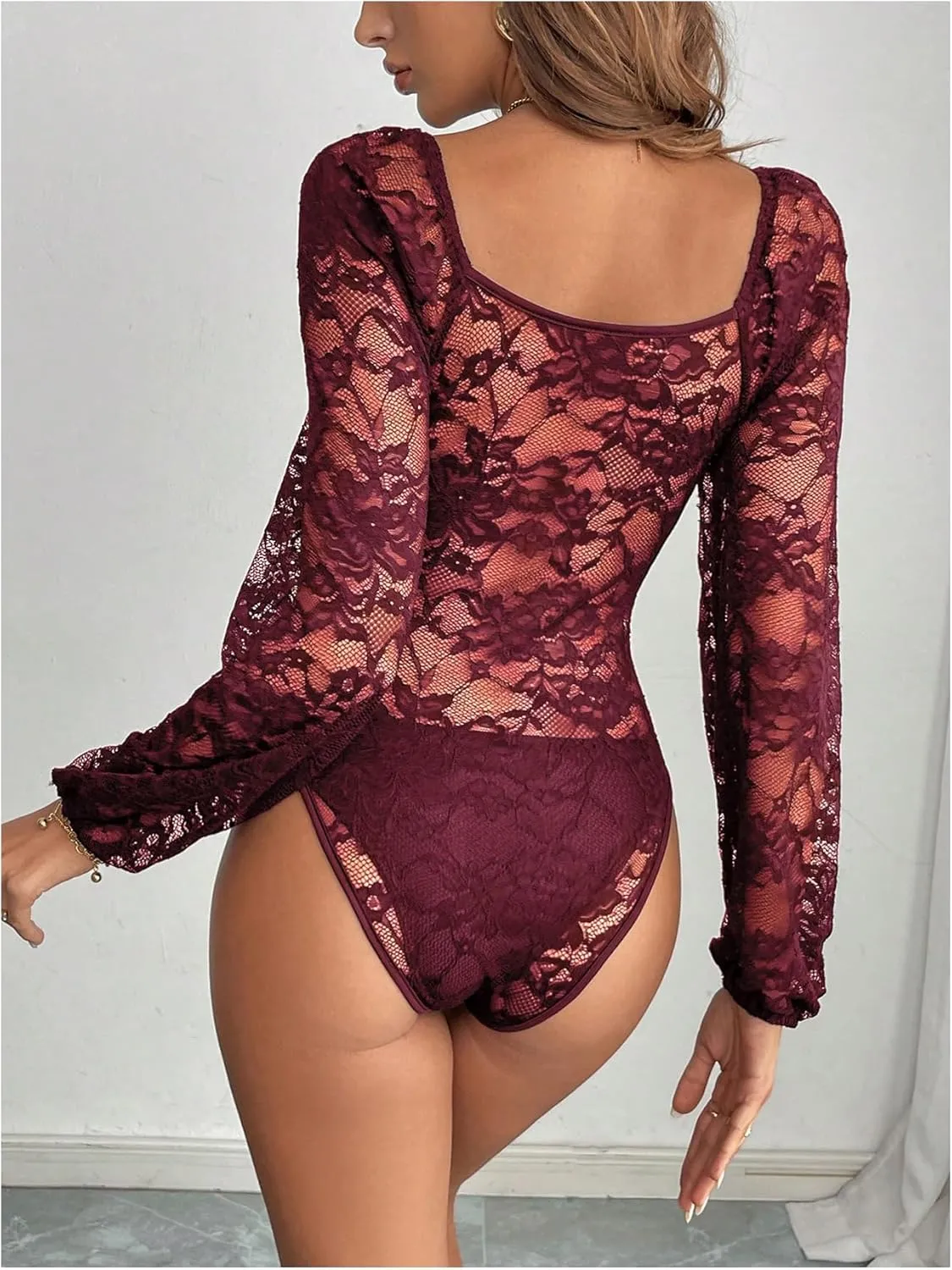 SweatyRocks Women's Lace Long Sleeve Corset Bodysuit Tops Sheer Mesh V neck Jumpsuit