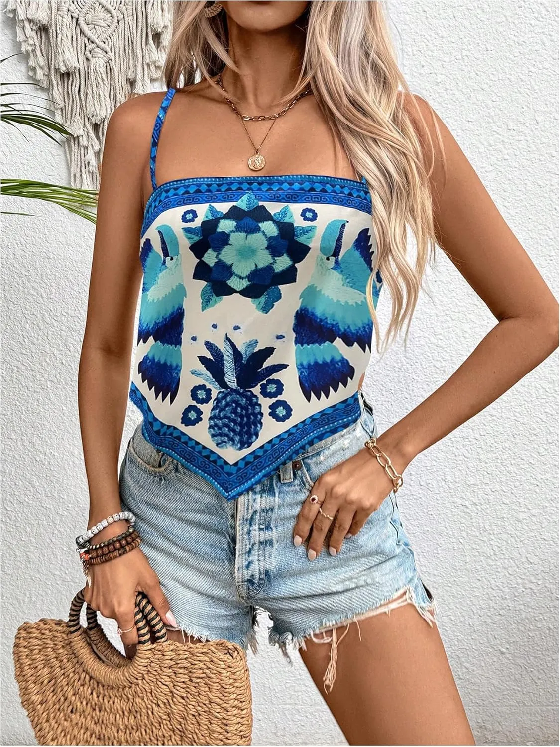 SweatyRocks Women's Tribal Floral Print Backless Camisole Tie Knot Sleeveless Vacation Boho Tops