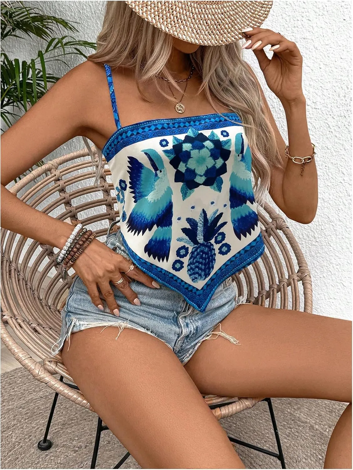 SweatyRocks Women's Tribal Floral Print Backless Camisole Tie Knot Sleeveless Vacation Boho Tops